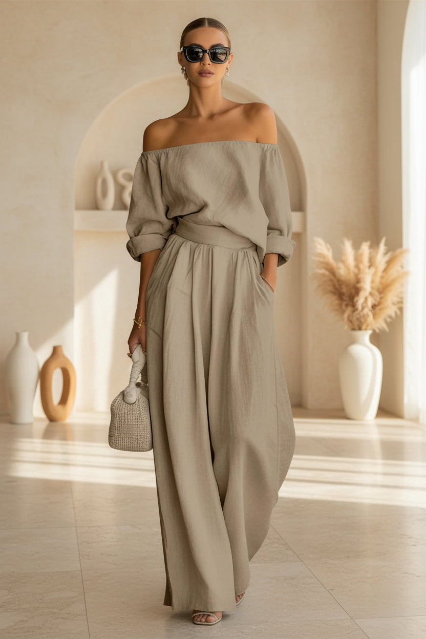 Women's Off-Shoulder Puff Sleeve Blouson Top & High-Rise Wide-Leg Pants Set