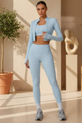 Women's High-Waist 3-Piece Athletic Set – Long Sleeve Jacket, Sports Bra & Leggings