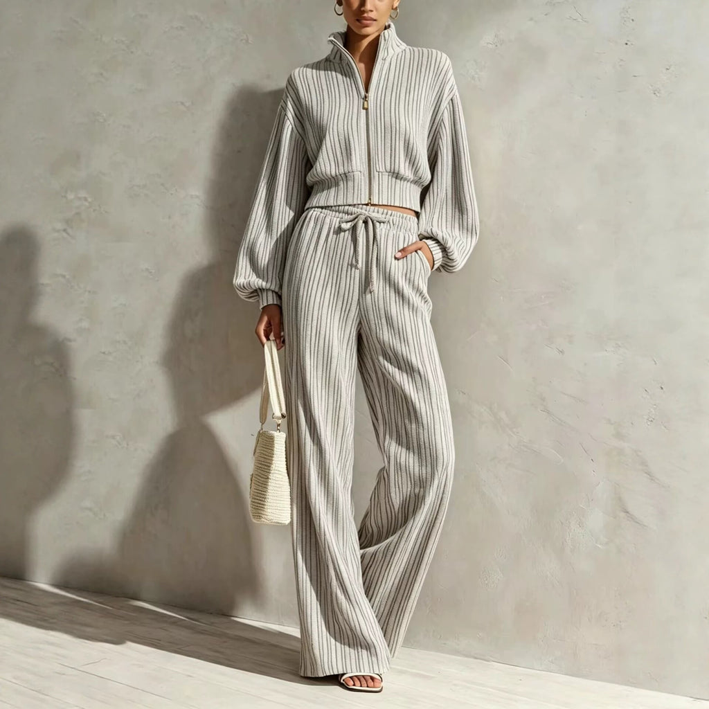 Women's Textured Woven-Stripe Puff-Sleeve Zip Jacket & Wide-Leg Pants Set