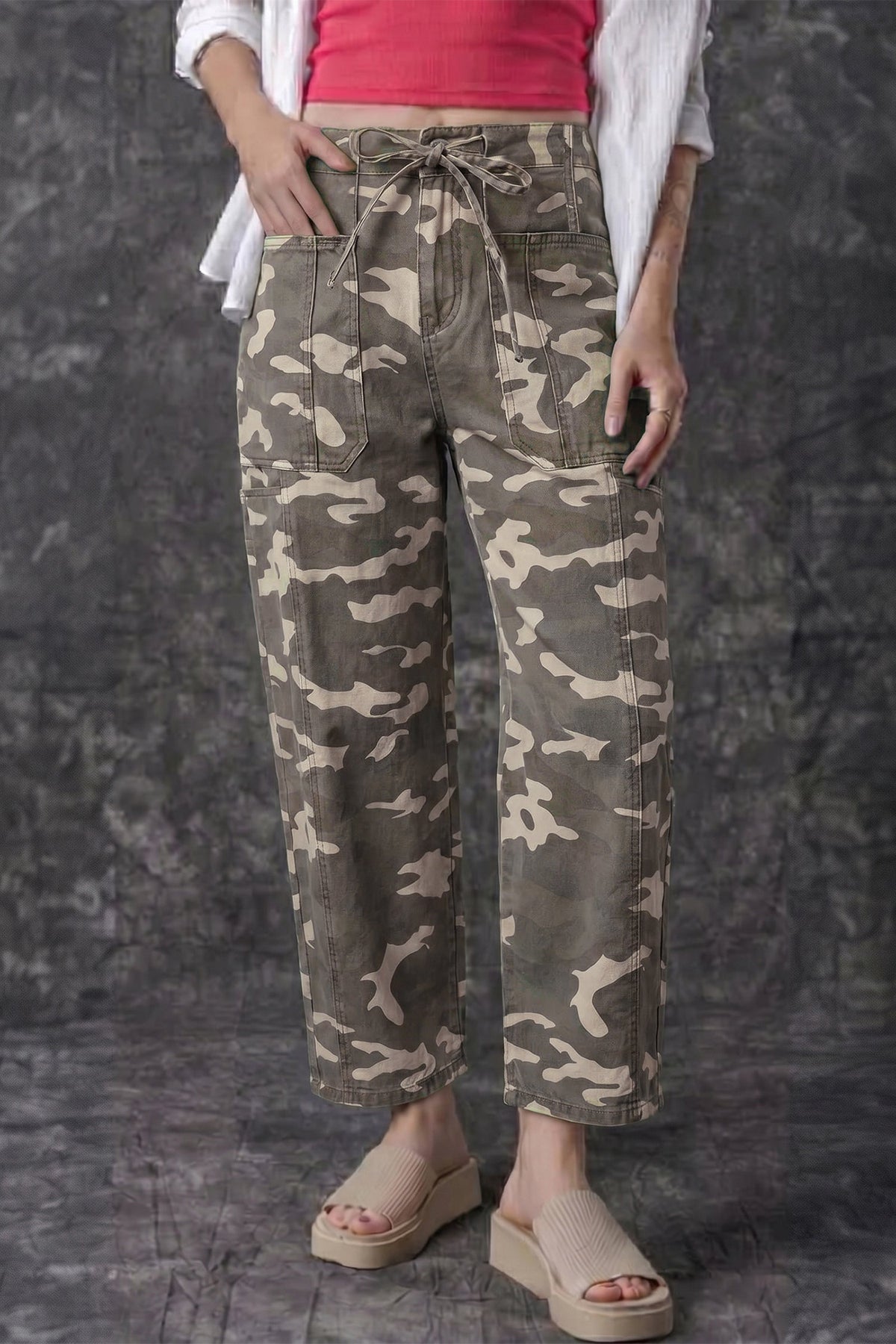 Collins Drawstring Elastic Waistband Pocketed Barrel Jeans