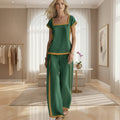 Women's Linen-Style Square Neck Cap Sleeve Top & Wide-Leg Pants Set with Contrast Trim