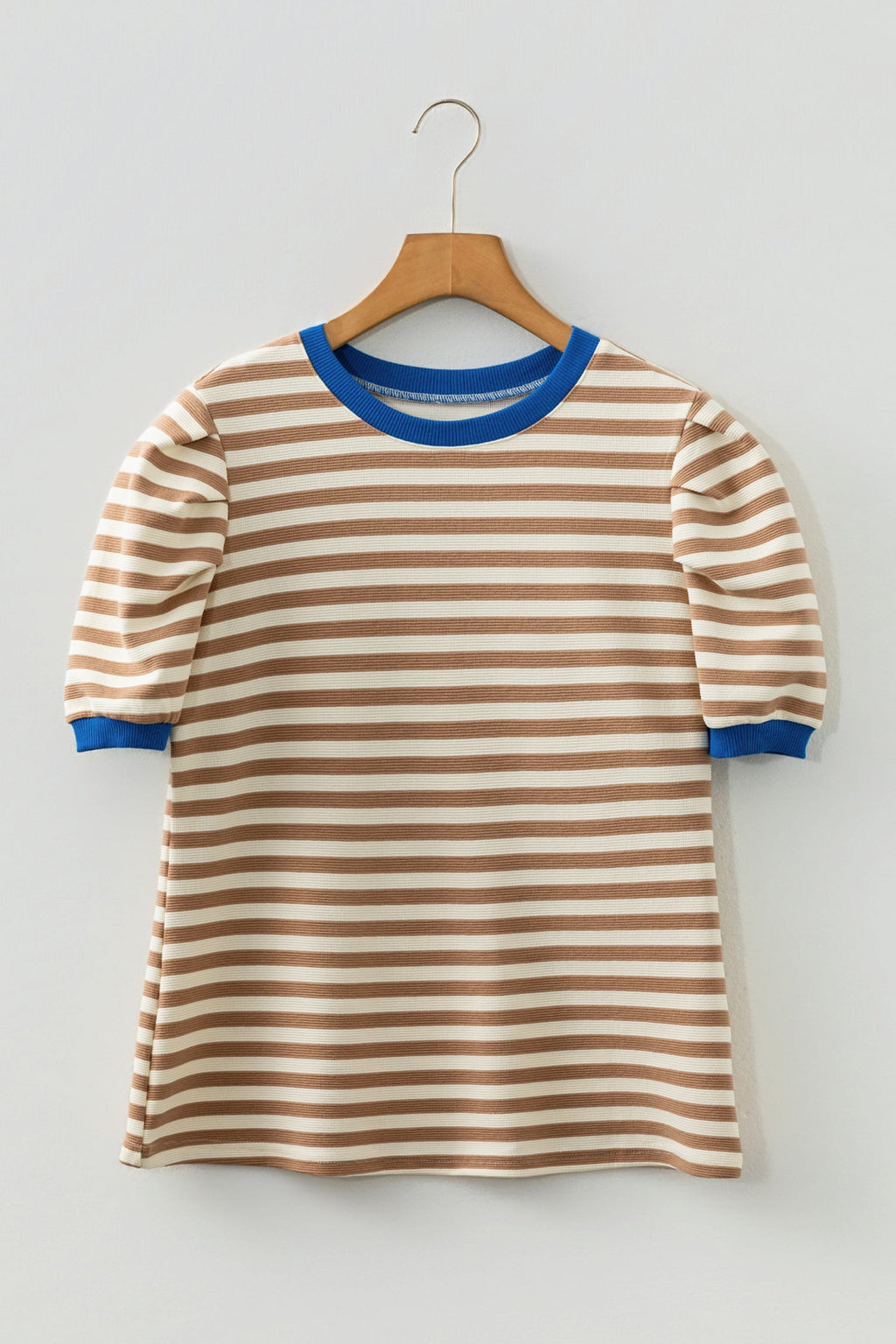 Kimberly Stripe Short Puff Sleeve Contrast Trim Round Neck Tee - Brown