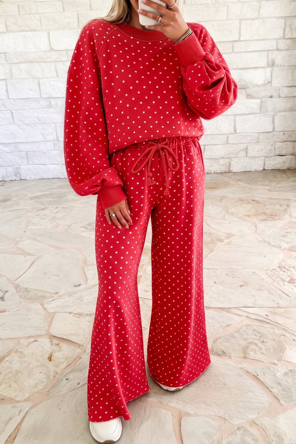 Jane Polka Dot Drawstring Wide Leg Long Sleeve Top Pant Set