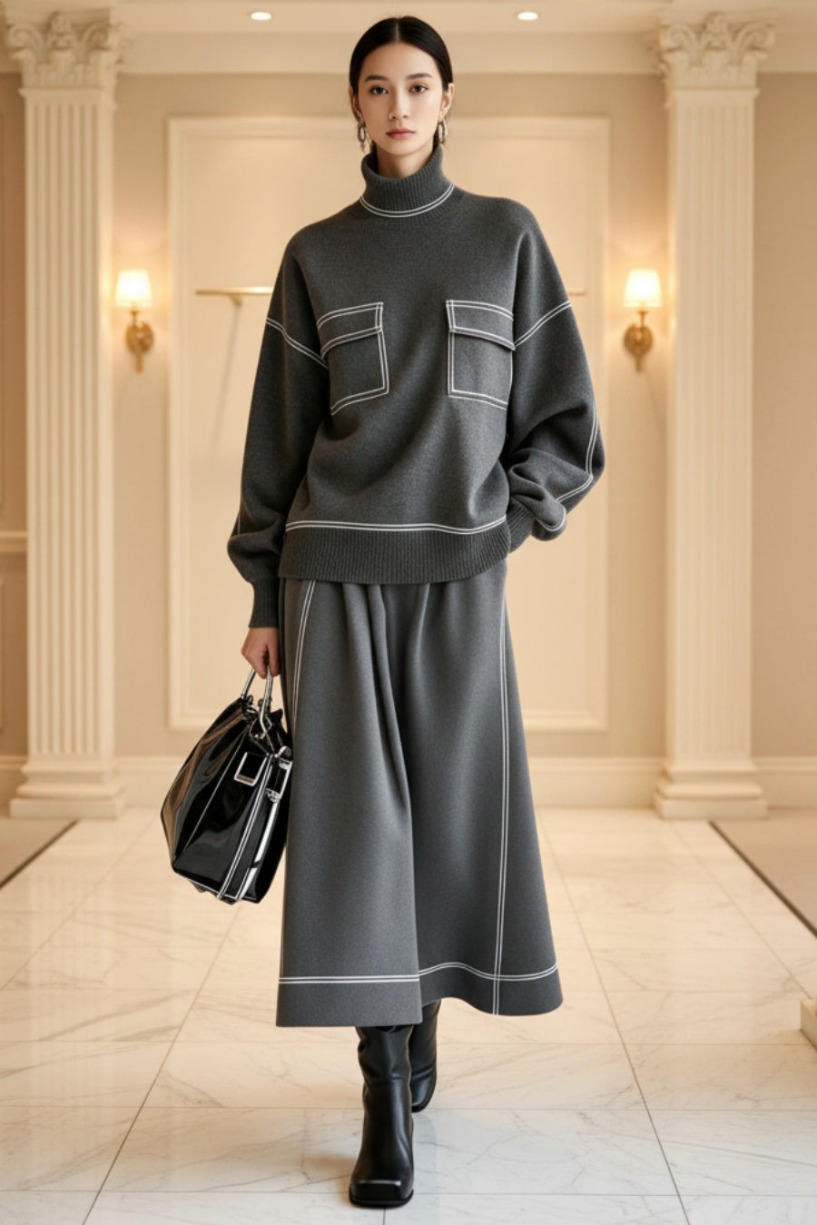 Women's Turtleneck Balloon-Sleeve Knit Top & A-Line Midi Skirt Set with Contrast Topstitching