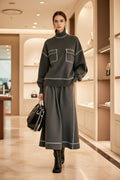 Women's Turtleneck Balloon-Sleeve Knit Top & A-Line Midi Skirt Set with Contrast Topstitching