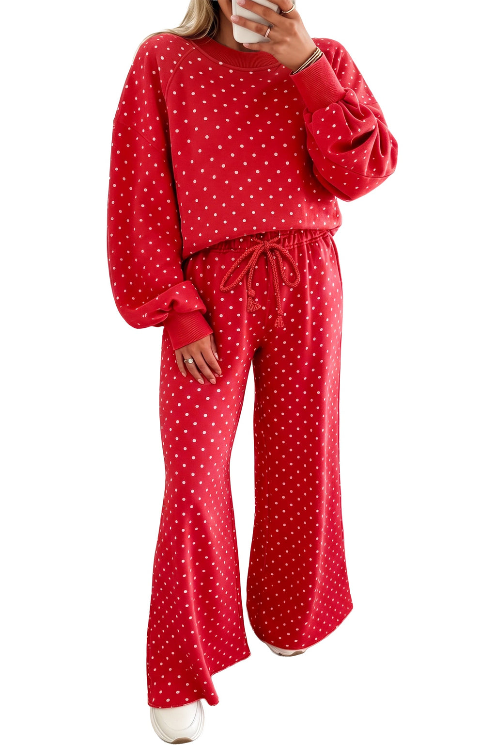 Jane Polka Dot Drawstring Wide Leg Long Sleeve Top Pant Set