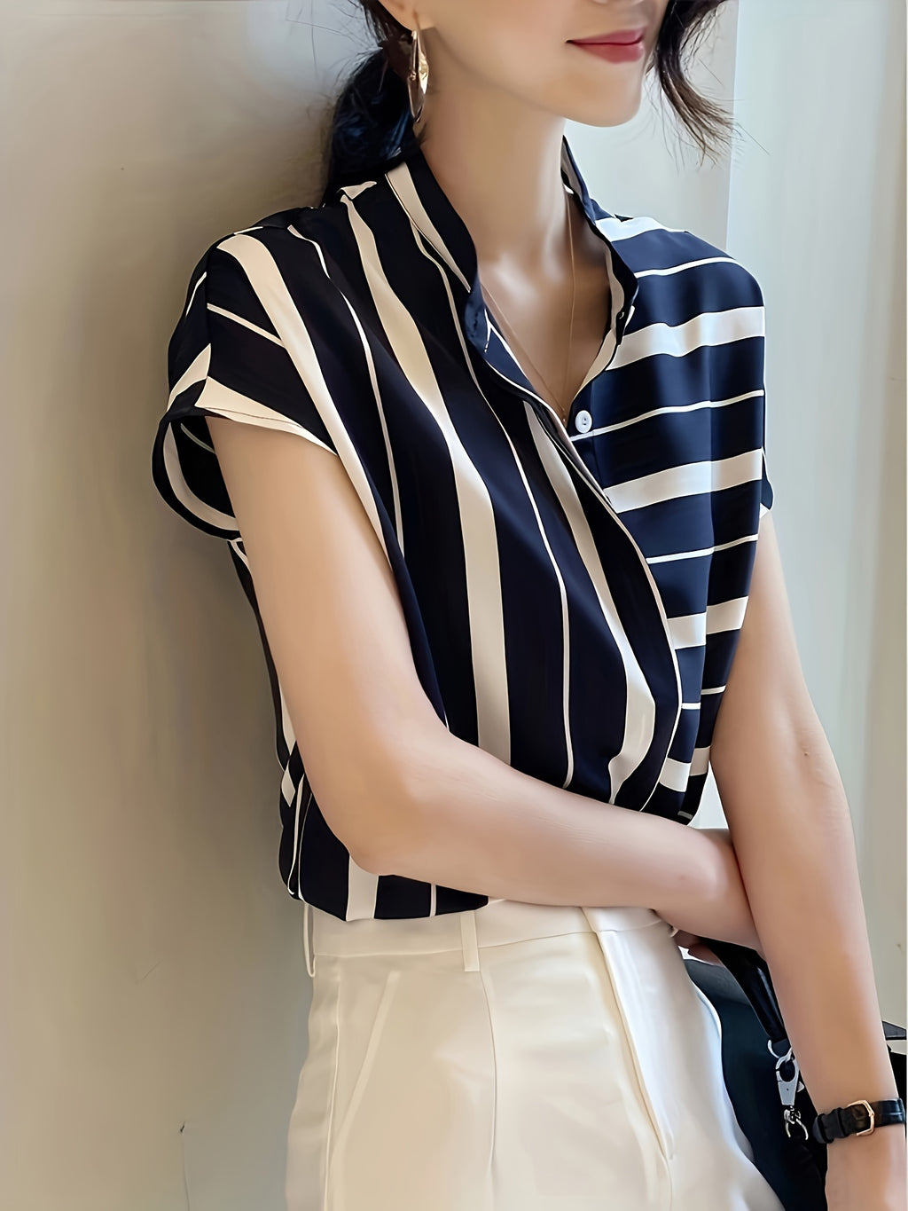 Elegant Striped Short Sleeve Blouse - Polyester, Asymmetrical Hem, Stand Collar, Machine Washable - Ideal for Spring & Summer Casual or Dressy Looks