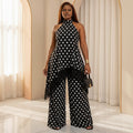 Women's Polka Dot Halter Top & Wide-Leg Pants Set – Lace-Hem, Open Back