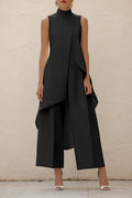 Women's Mock Turtleneck Sleeveless Asymmetric Cascade Drape Longline Top & Wide-Leg Cropped Trouser Set