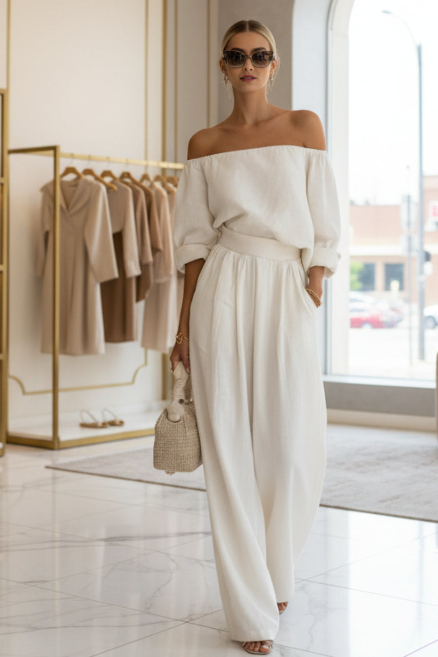 Women's Off-Shoulder Puff Sleeve Blouson Top & High-Rise Wide-Leg Pants Set