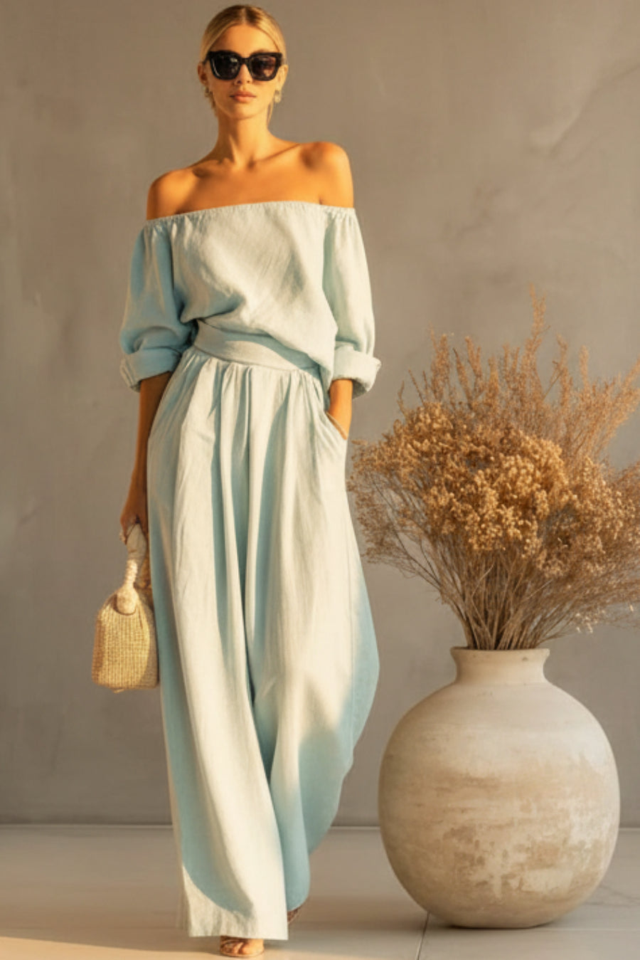 Women's Off-Shoulder Puff Sleeve Blouson Top & High-Rise Wide-Leg Pants Set