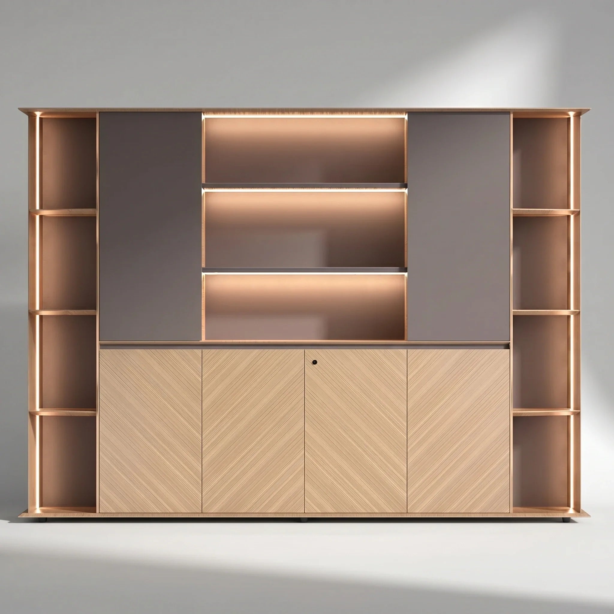 Sona · Office Shelves w/ Lighting & Cabinets