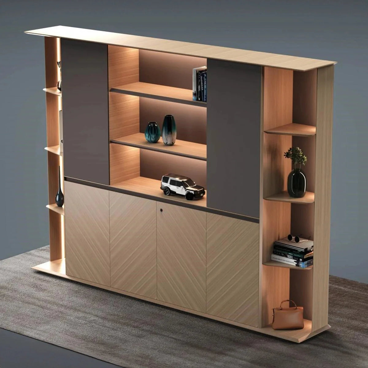 Sona · Office Shelves w/ Lighting & Cabinets