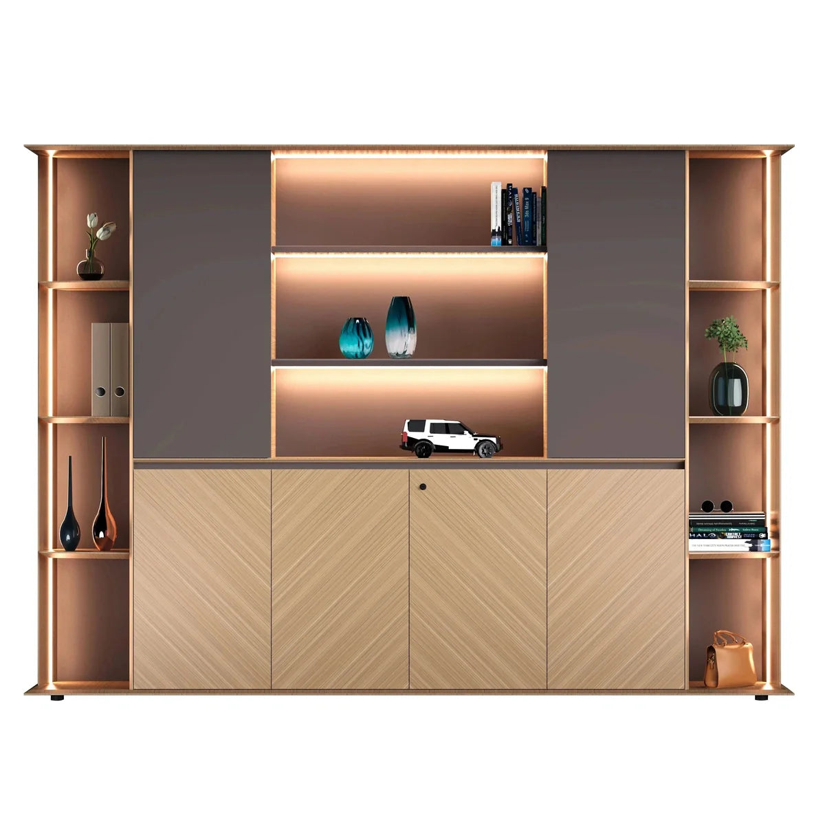 Sona · Office Shelves w/ Lighting & Cabinets