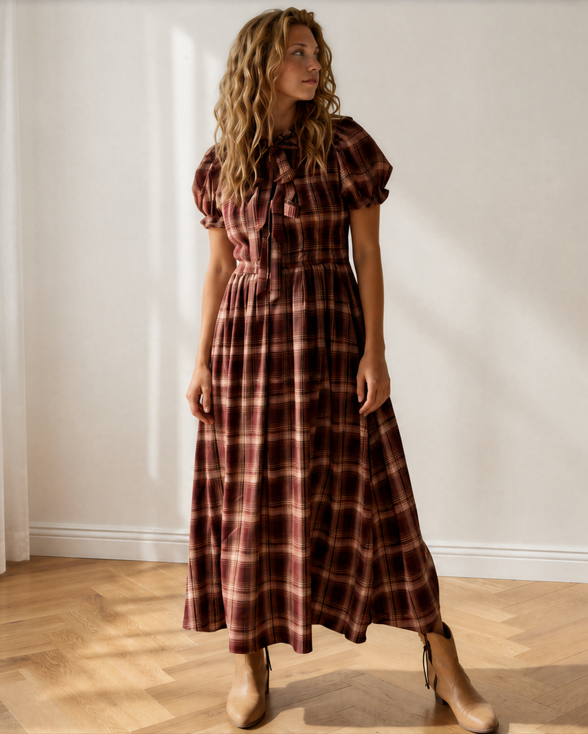 Grace Plaid Knot Front Smocked High Waist Midi Dress