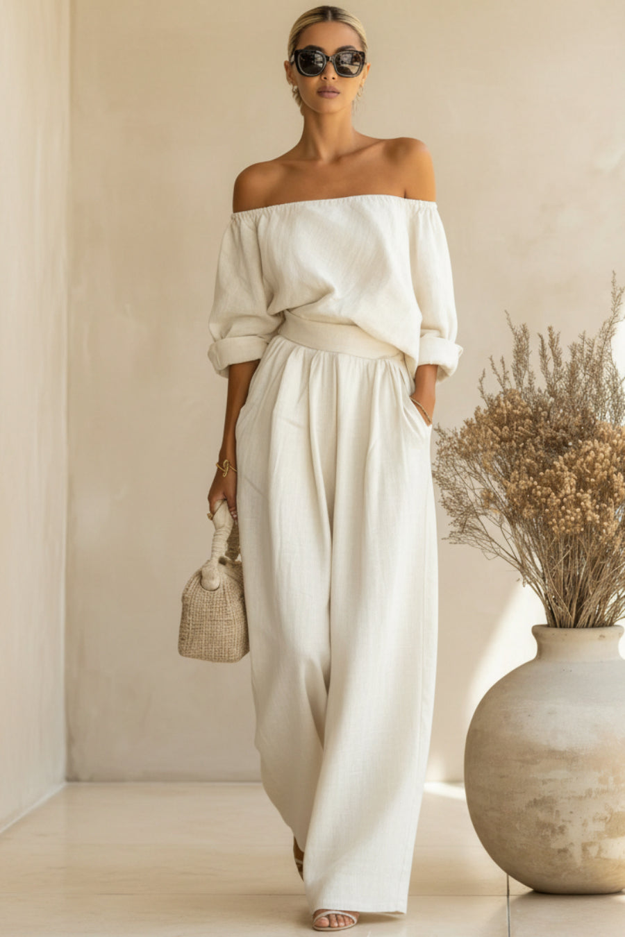 Women's Off-Shoulder Puff Sleeve Blouson Top & High-Rise Wide-Leg Pants Set