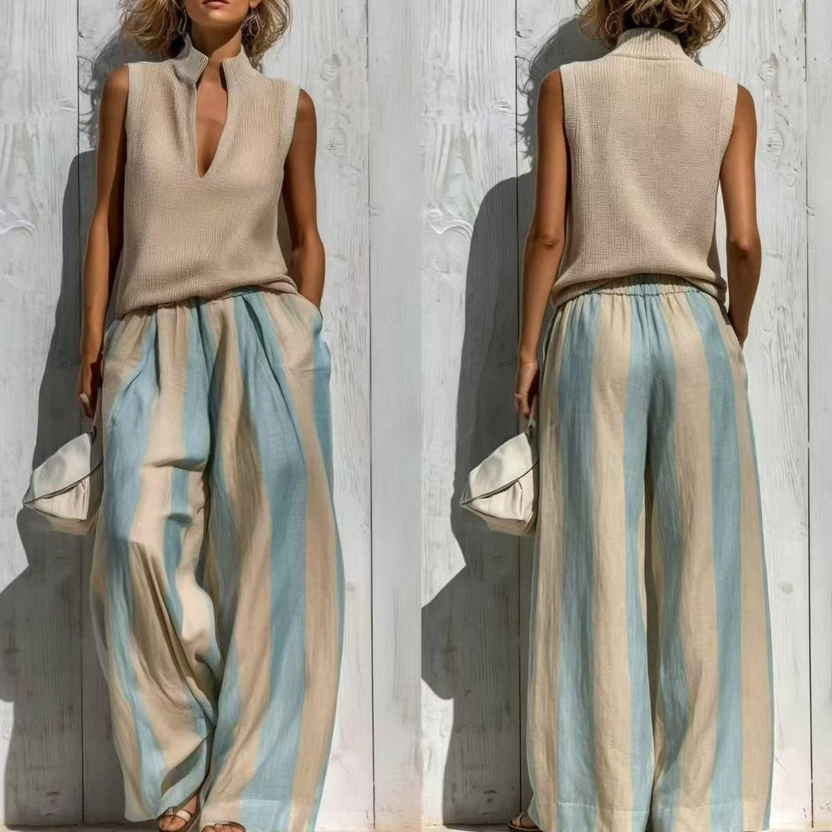 Women's Textured Knit V-Notch Stand Collar Tank & Striped Wide-Leg Palazzo Pants Set