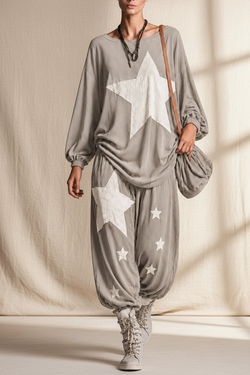 Women's Star Print Oversized Batwing Long-Sleeve Sweatshirt & Harem Balloon Trouser Set