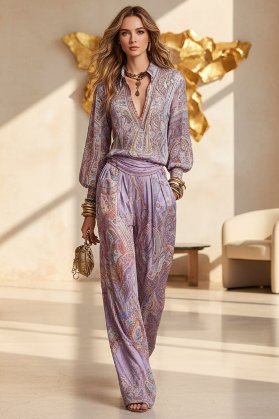 Women's Paisley Print Deep V Fringe Blouse & Wide-Leg Palazzo Pants Set