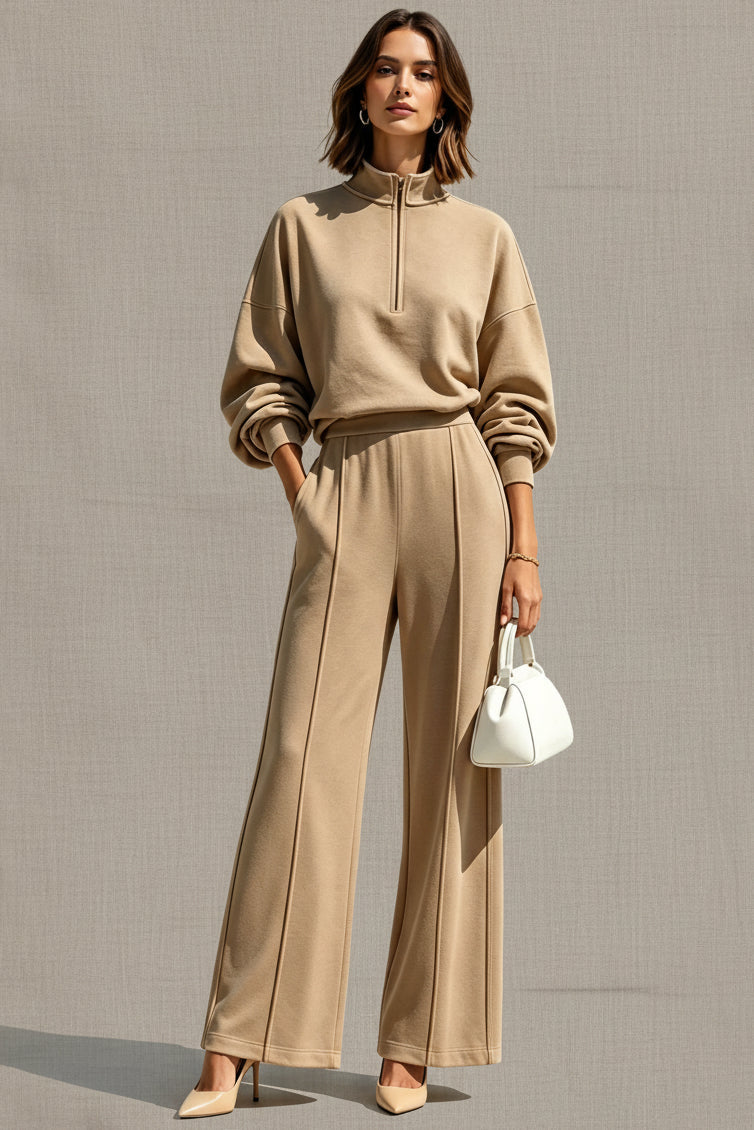Women's Half-Zip Hoodie & Wide-Leg Pants Set