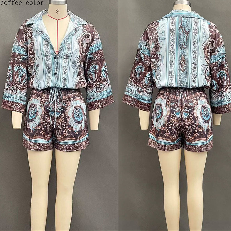 Women's Baroque Medallion Print Batwing Shirt & Shorts Set