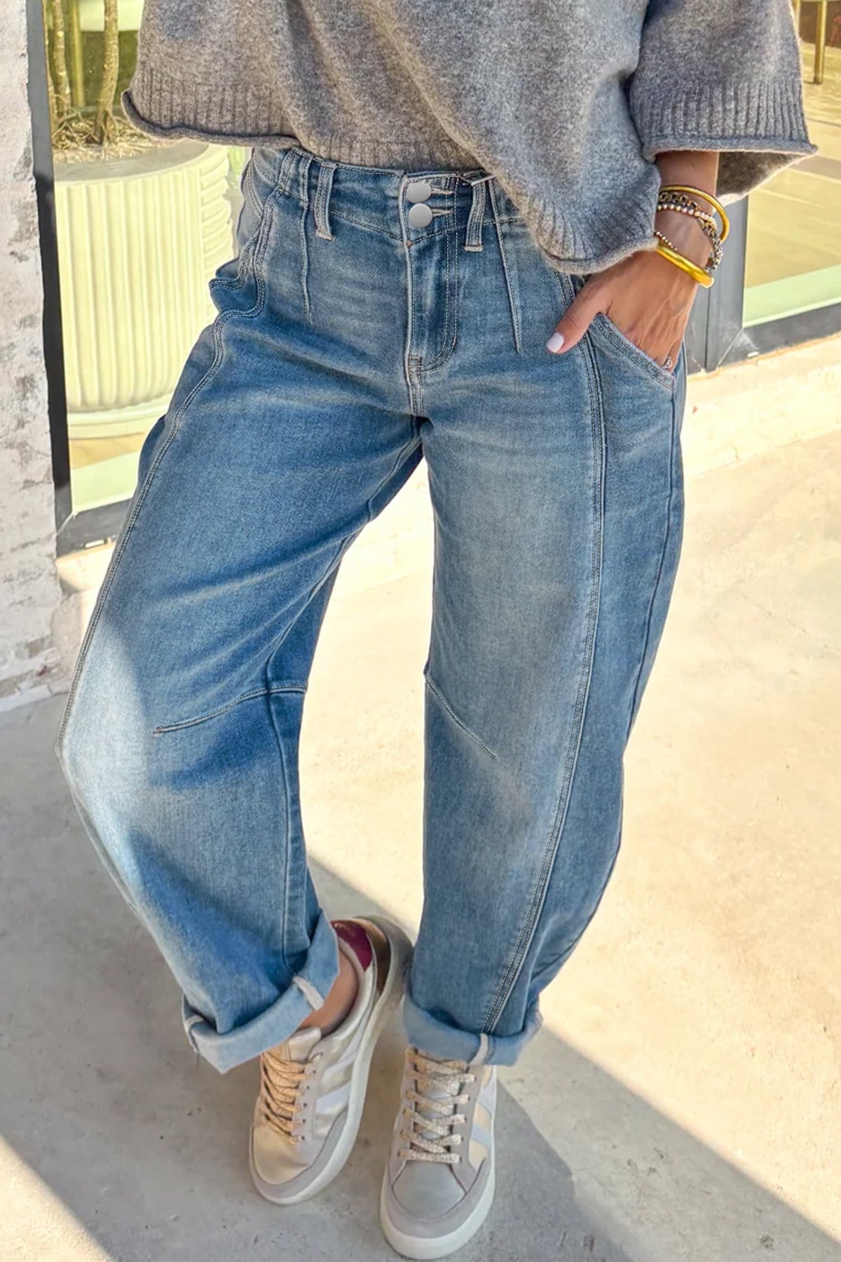 Fallon Blue Medium Wash Cuffed Barrel Jeans