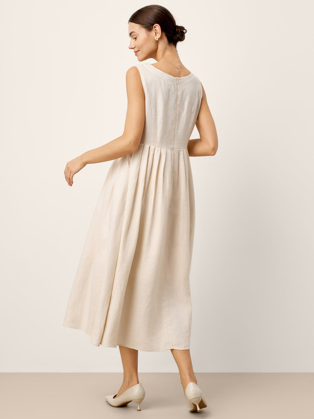 100% Linen Sleeveless Crew Neck Waist Pleated Maxi Dress SELENE