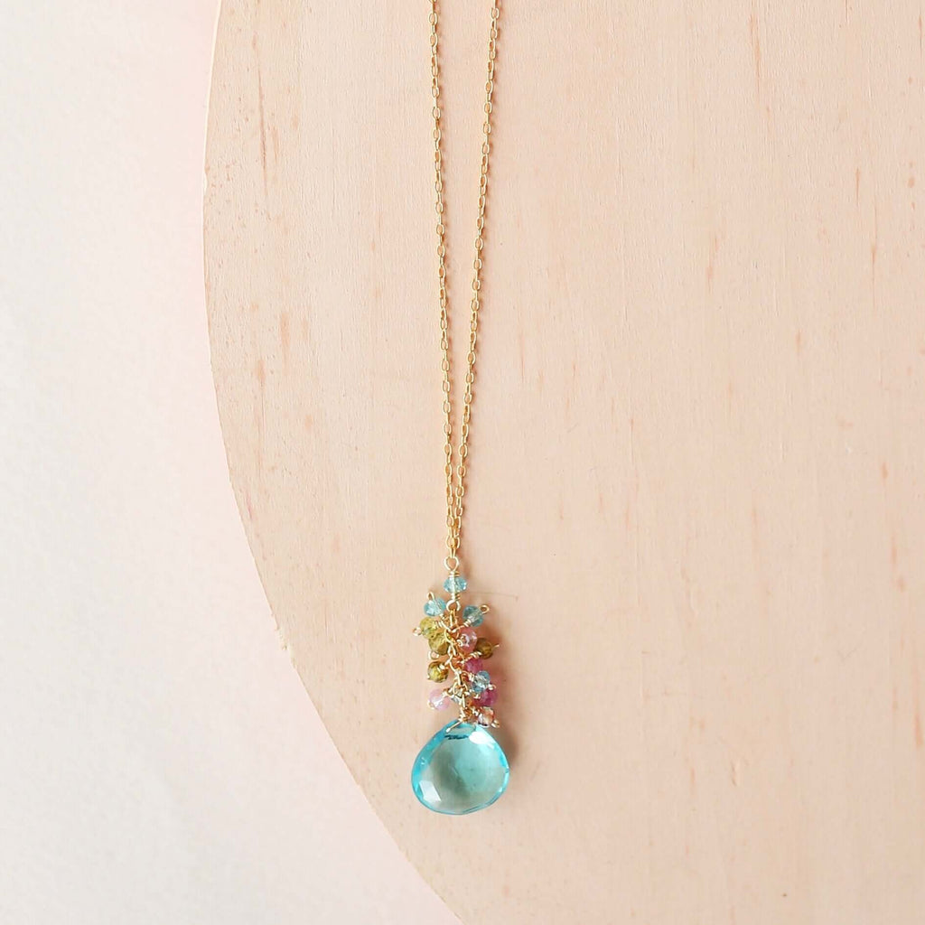Aquamarine Quartz Silver Raindrop Cluster Necklace