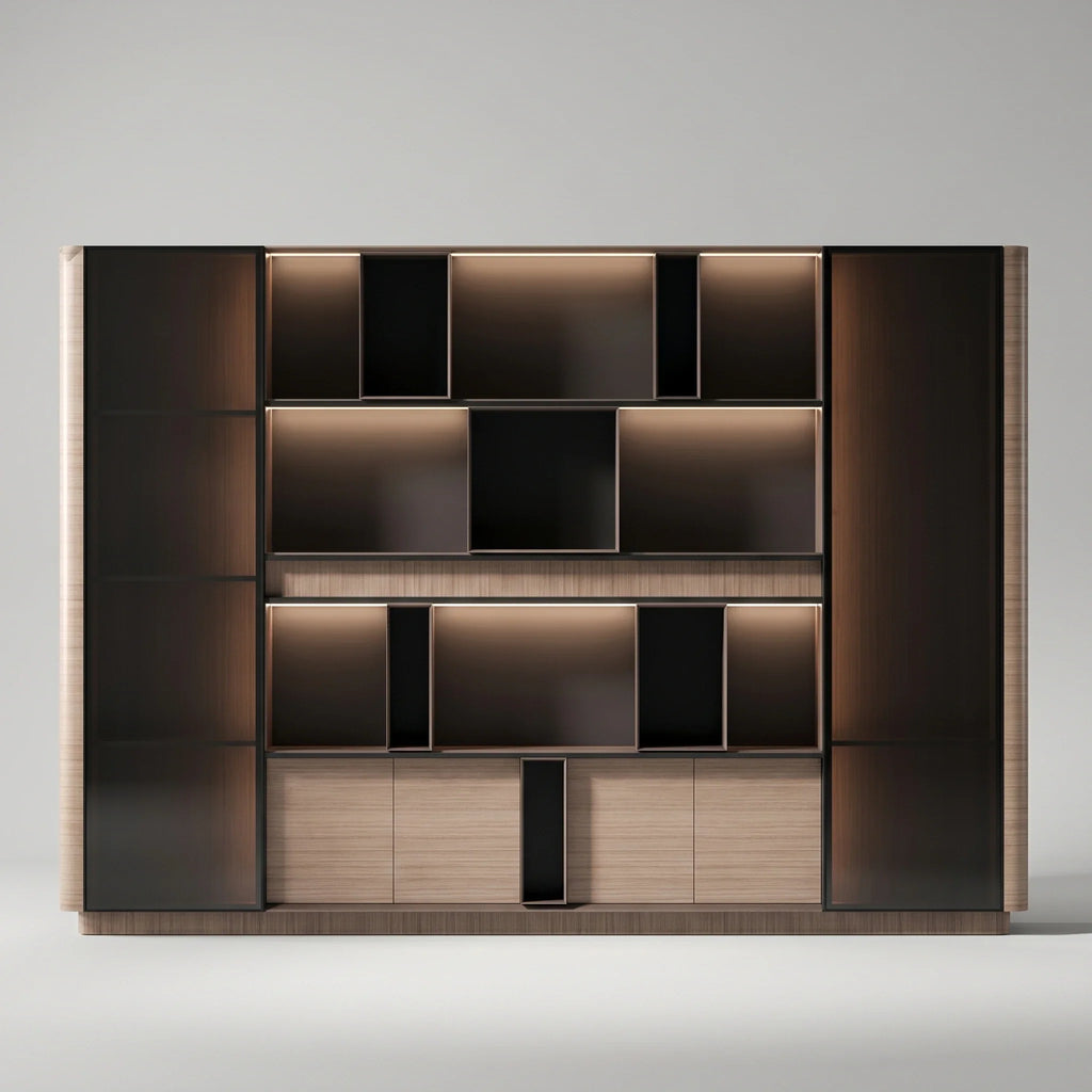 Sonum · Office Shelving Wall Unit w/ Integrated Lighting & Storage Cabinets