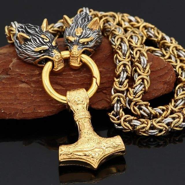 Vikings Wolf Head Mjolnir Byzantine Chain with Stainless Steel Necklace