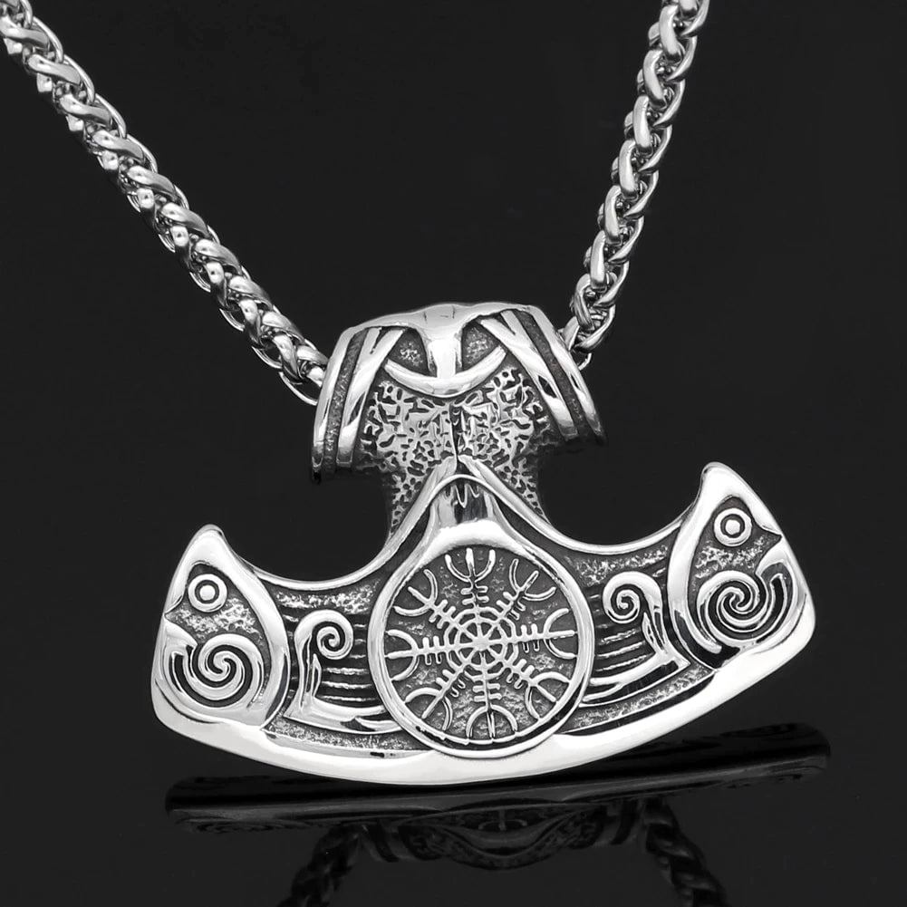 Vikings Axe and Helm of Awe Stainless Steel Necklace