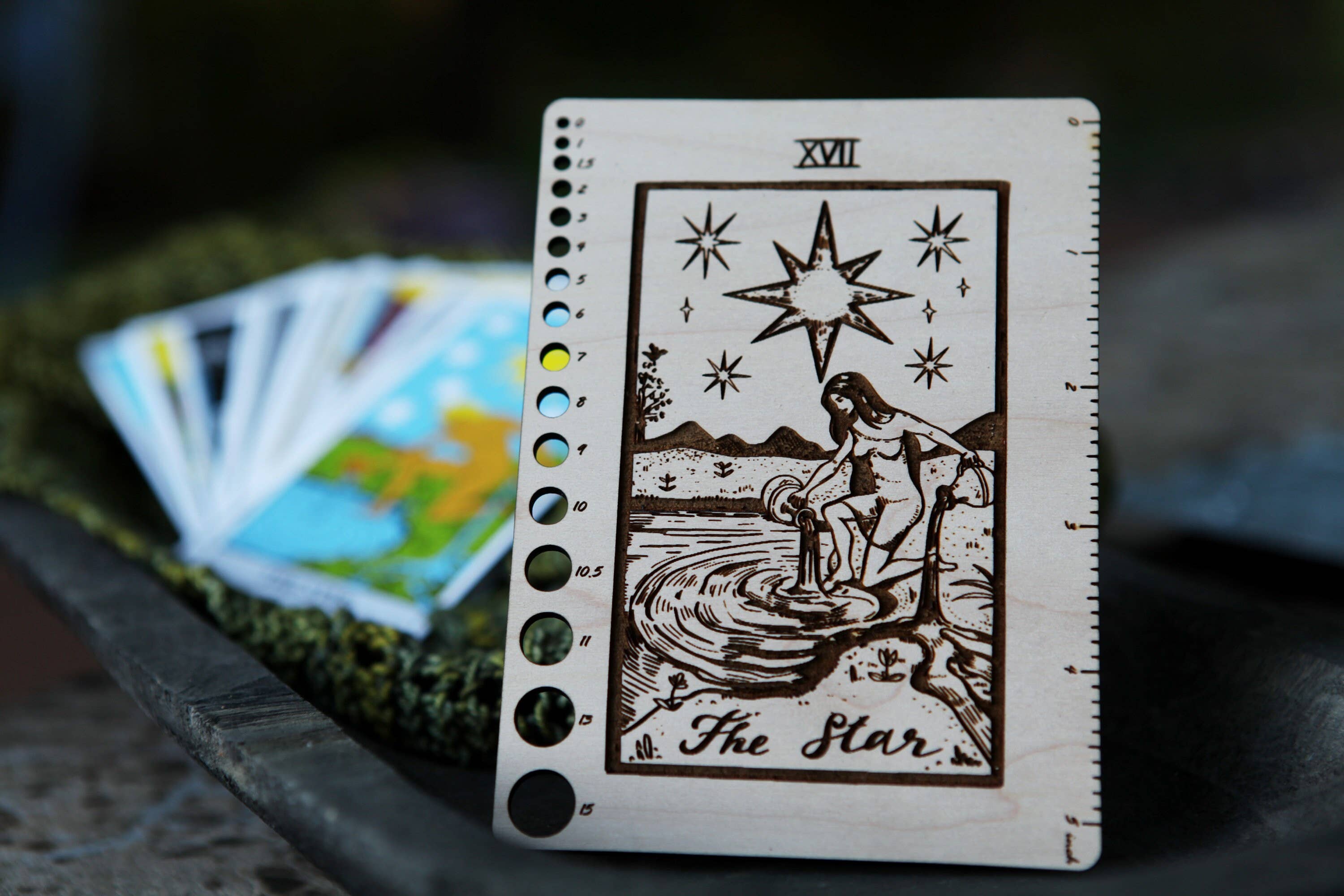 Maple Wood Moon Tarot Card Knitting Needle Gauge & 5" Ruler
